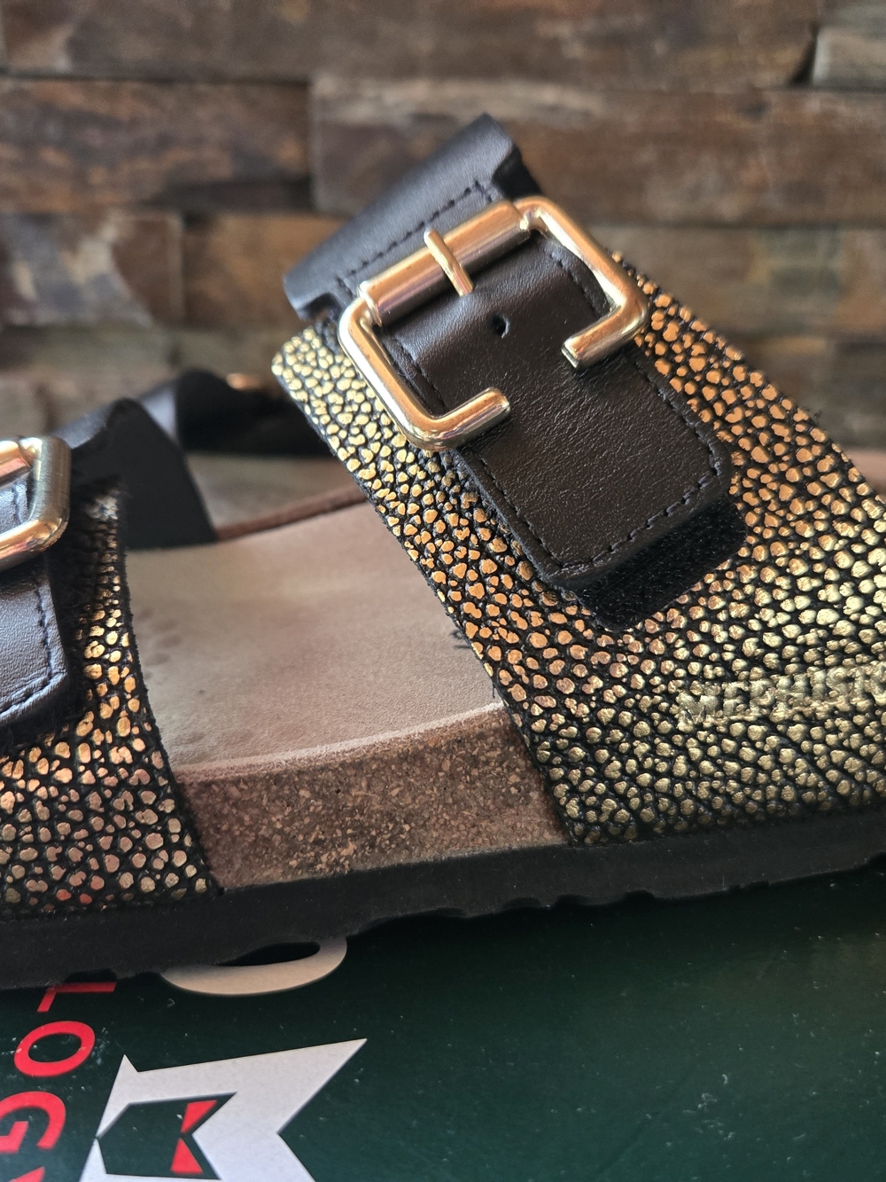 Mephisto Black and Gold Metallic Buckle Sandals